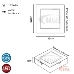 Painel LED Sobrepor Quadrado Neutro 4000k 18w Avant