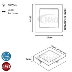 Painel LED Sobrepor Quadrado Neutro 4000k 18w Avant