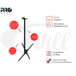 Suporte Tv Teto 13 a 55 Pol PQST-AT55T Proeletronic