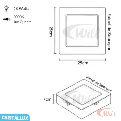 Painel LED Sobrepor 18w 3000k Cristallux