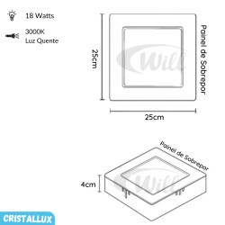 Painel LED Sobrepor 18w 3000k Cristallux