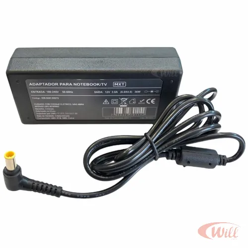 Fonte Notebook 12V 3A 36W Plug 6.0 x 4.0MM Bivolt MXT Fonte Notebook 12V 3A 36W Plug 6.0 x 4.0MM Bivolt MXT