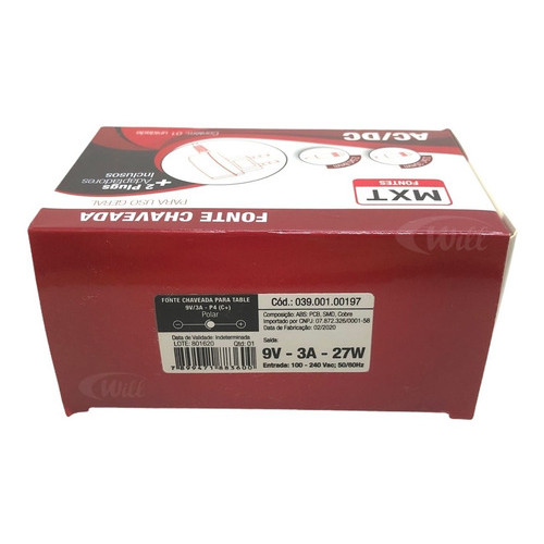 Fonte Chaveada 9v 3A com Adaptador P4 2.5 x 5.5mm Fonte Chaveada 9v 3A com Adaptador P4 2.5 x 5.5mm