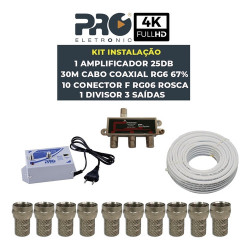 Amplificador 25db PQAL-2500 + 30MT Cabo Coaxial RG06 67% + 10 Conector F RG06 Rosca + Divisor de Sinal 3 Saidas