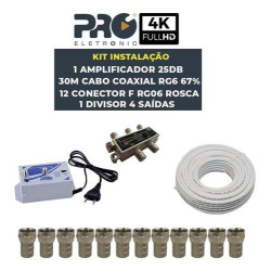 Amplificador 25db PQAL-2500 + 30MT Cabo Coaxial RG06 67% + 12 Conector F RG06 Rosca + Divisor de Sinal 4 Saidas