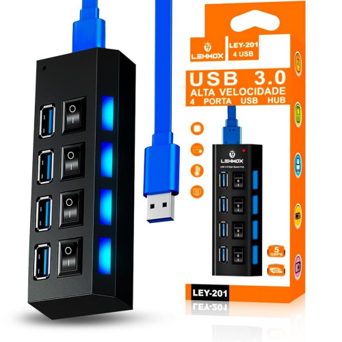 Hub USB 3.0 4 Portas Extensor com Interruptor Lehmox LEY-201